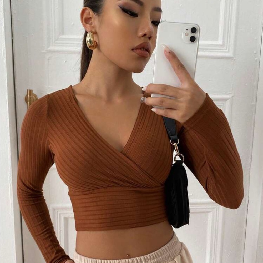 Women's Brown Ribbed Long Sleeve Top